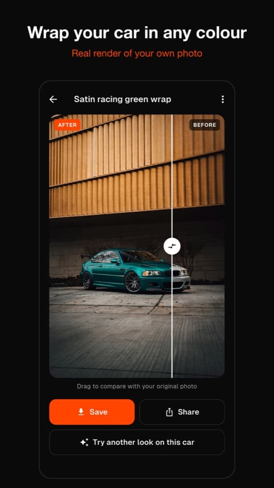 TunedRides Android app: car wrap visualizer showing a wrap on a photo of a real car