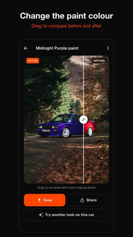 TunedRides Android app: car color changer with the 12 paint colours