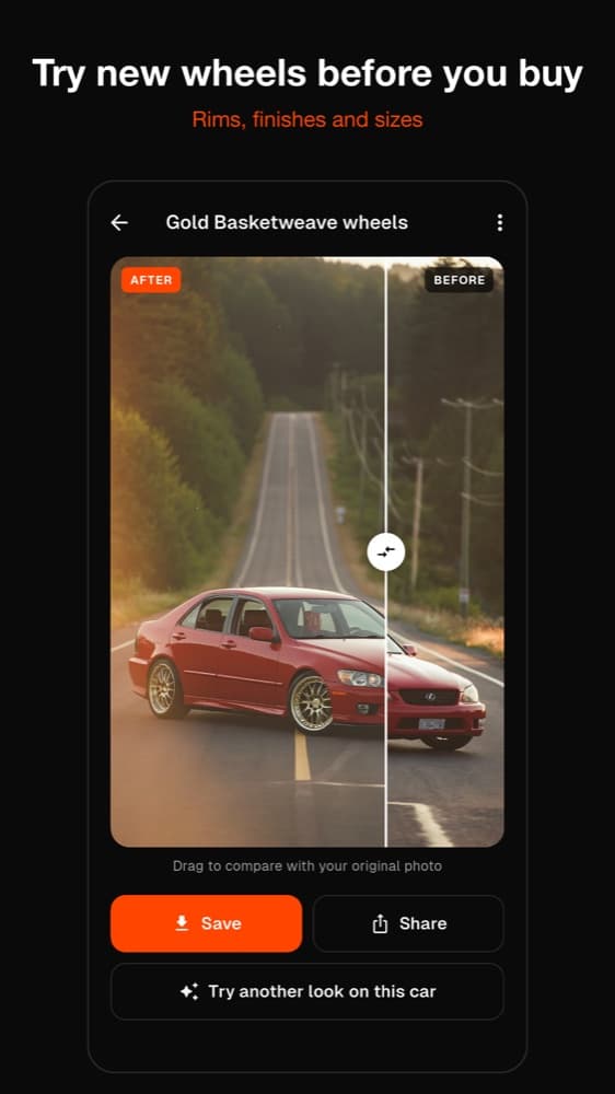 TunedRides Android app: wheel visualizer with rim styles, finishes and sizes