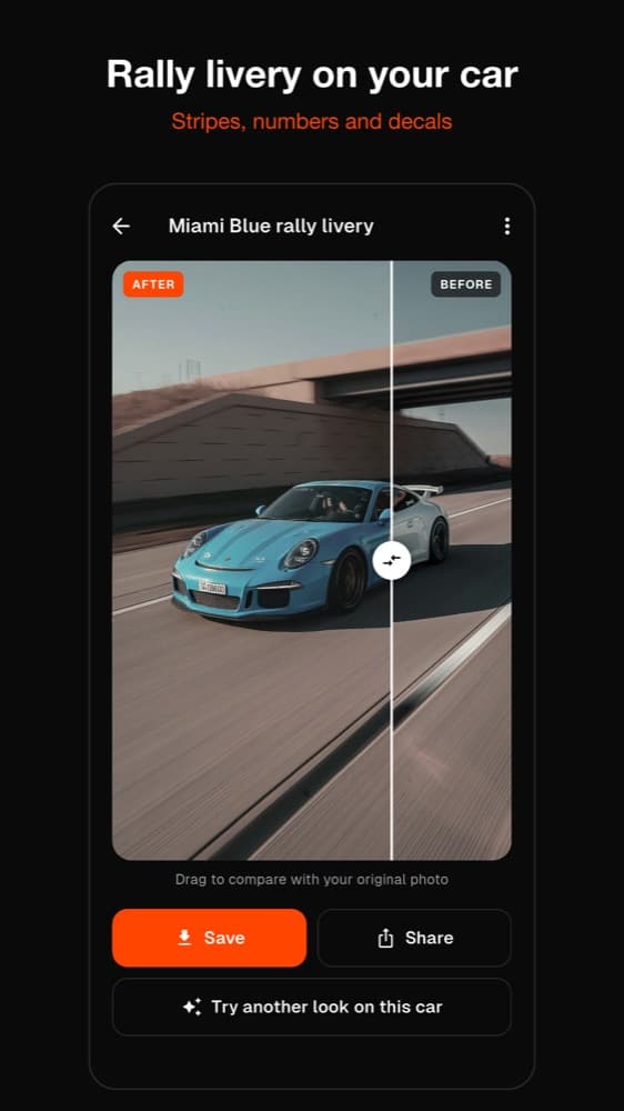TunedRides Android app: rally livery with stripes and a race number