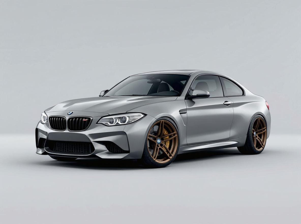 Bronze Split-Spoke wheels rendered on a BMW M2 (F87) with the TunedRides AI wheel visualizer