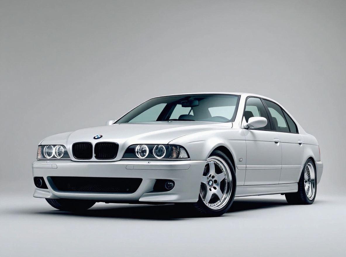 Silver 5-Spoke wheels rendered on a BMW M5 (E39) with the TunedRides AI wheel visualizer
