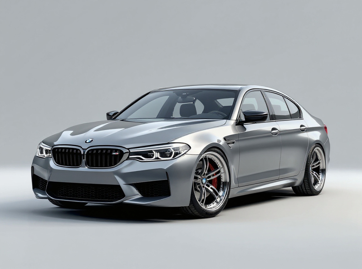 Polished Deep-Dish wheels rendered on a BMW M5 (F90) with the TunedRides AI wheel visualizer