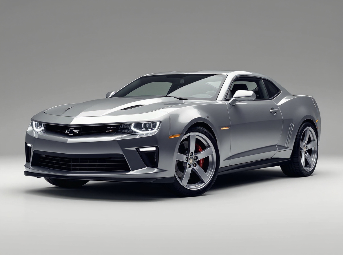 Silver 5-Spoke wheels rendered on a Chevrolet Camaro SS with the TunedRides AI wheel visualizer