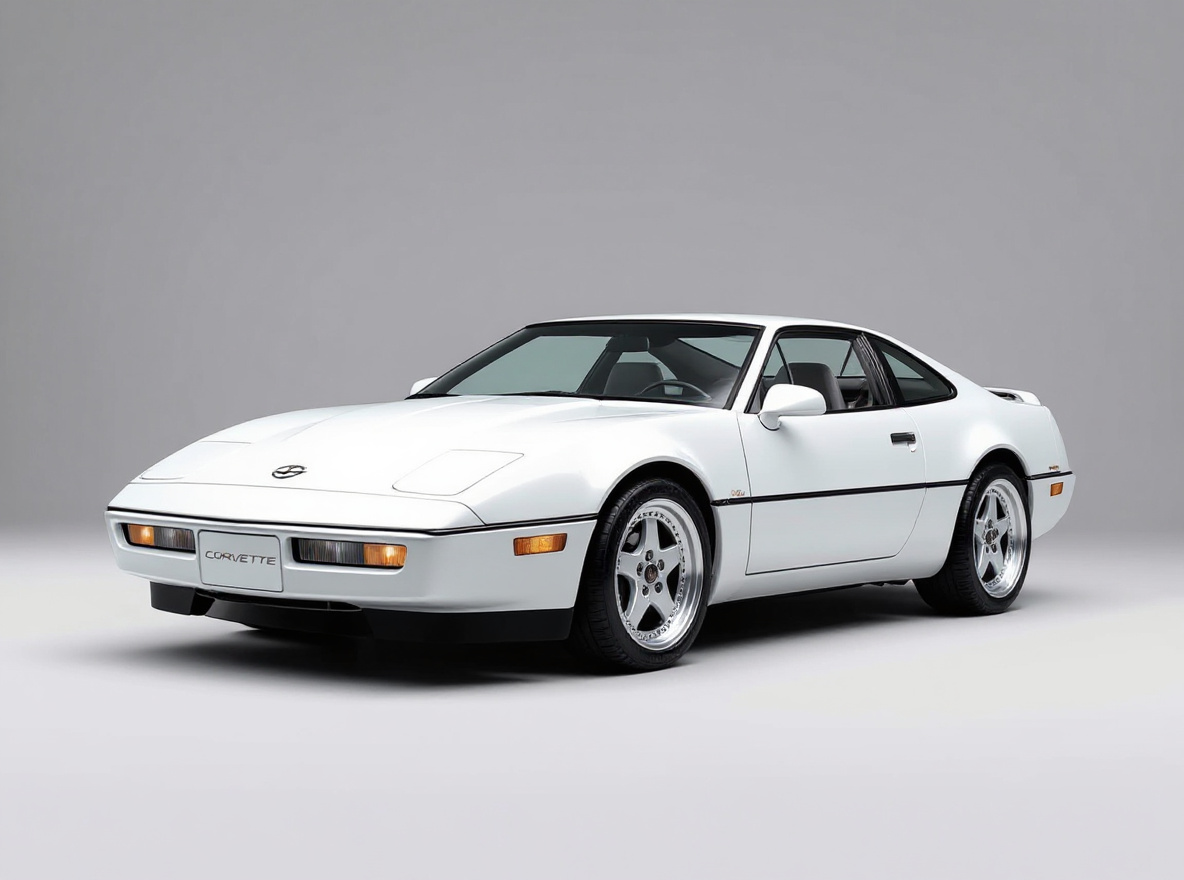 Silver 5-Spoke wheels rendered on a Chevrolet Corvette C4 with the TunedRides AI wheel visualizer