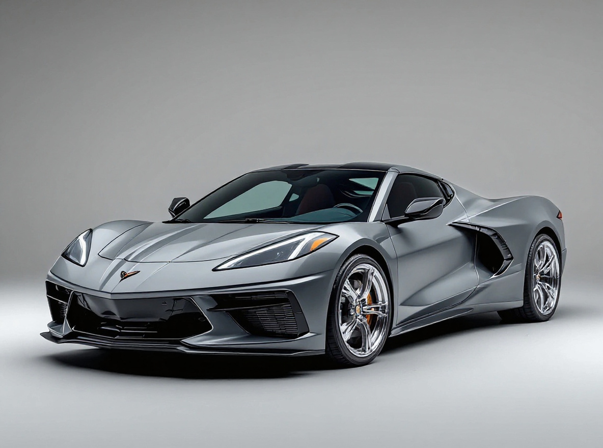 Polished Deep-Dish wheels rendered on a Chevrolet Corvette C8 with the TunedRides AI wheel visualizer