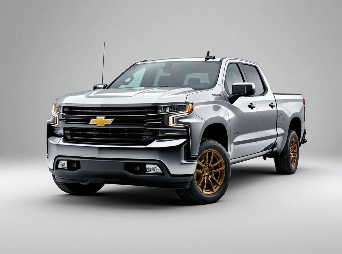 Bronze Split-Spoke wheels rendered on a Chevrolet Silverado with the TunedRides AI wheel visualizer