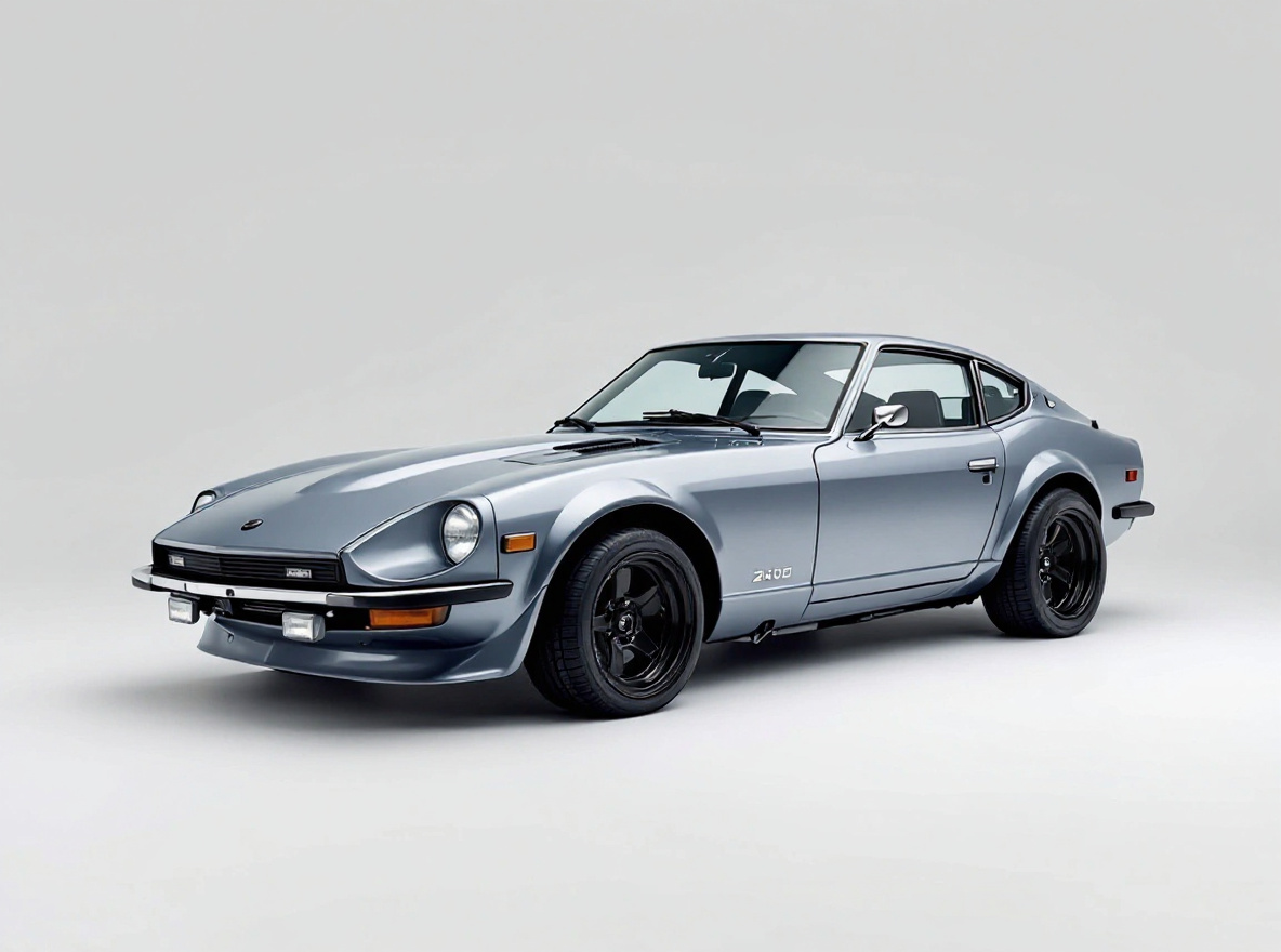 Gloss Black Multi-Spoke wheels rendered on a Datsun 240Z with the TunedRides AI wheel visualizer
