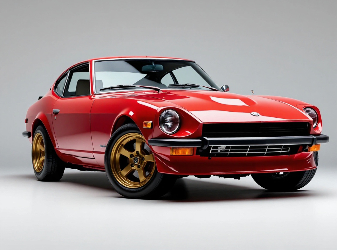 Bronze Split-Spoke wheels rendered on a Datsun 280Z with the TunedRides AI wheel visualizer
