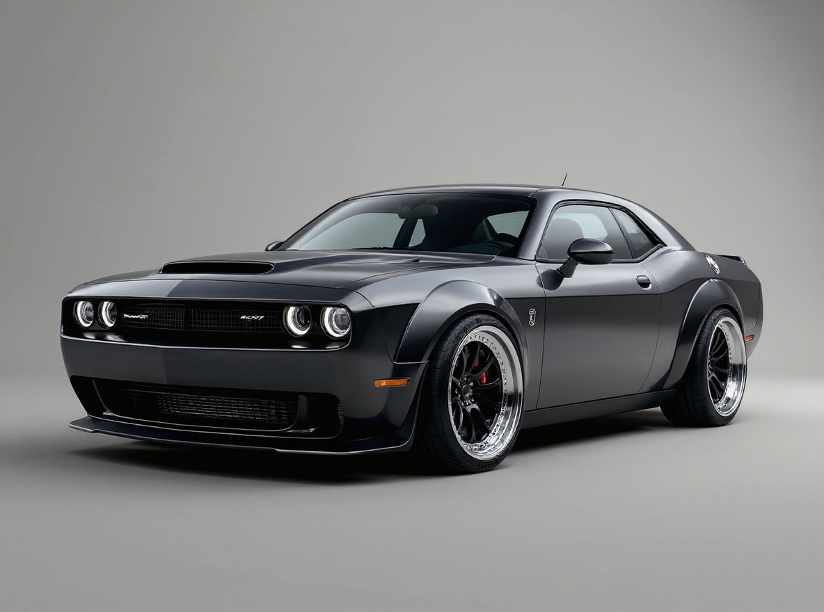 Polished Deep-Dish wheels rendered on a Dodge Challenger Hellcat with the TunedRides AI wheel visualizer