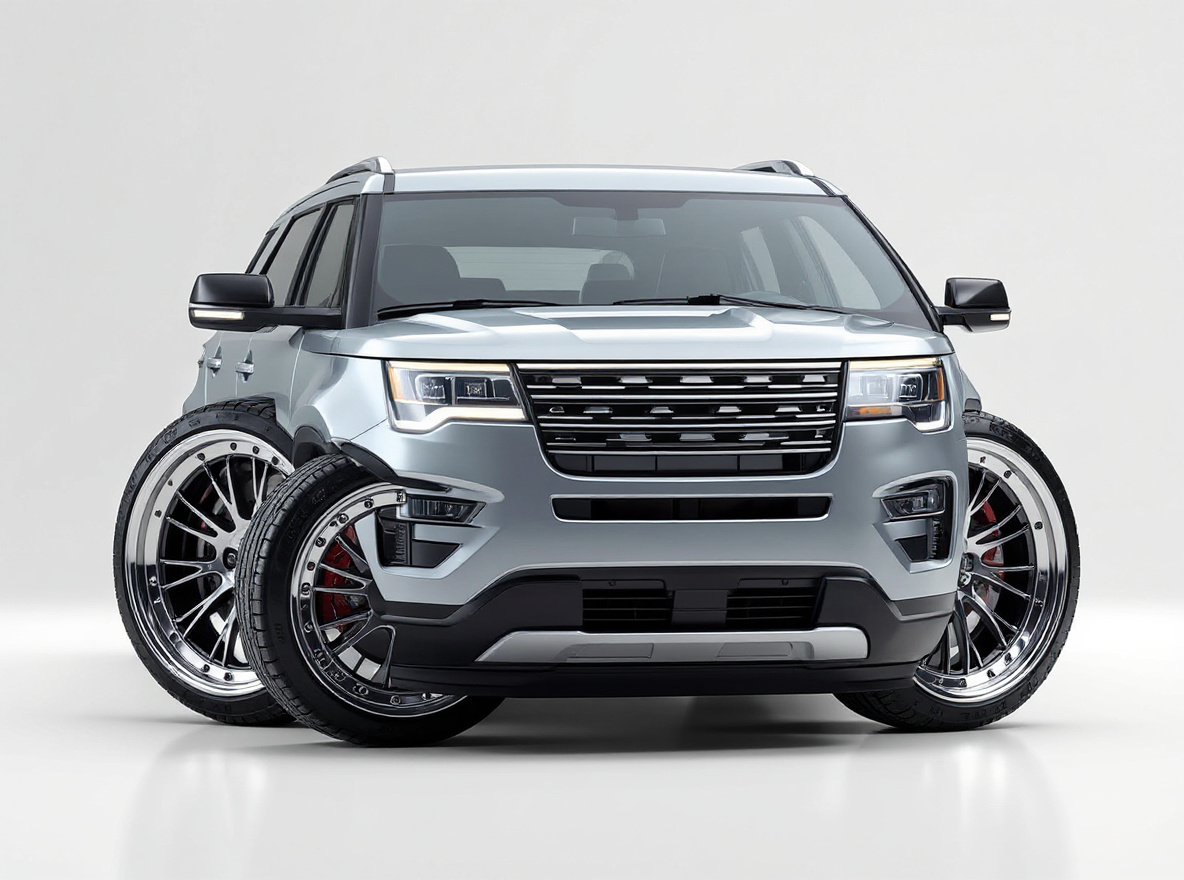 Polished Deep-Dish wheels rendered on a Ford Explorer with the TunedRides AI wheel visualizer