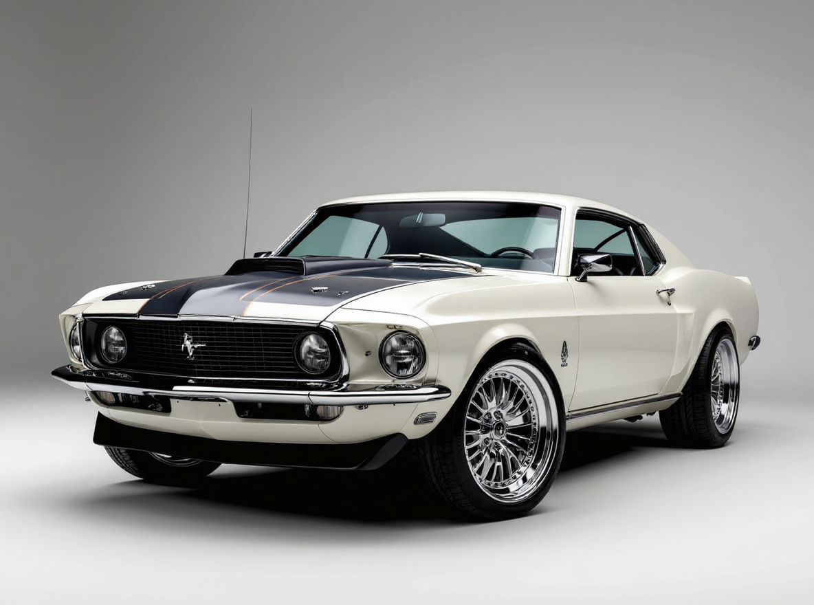 Polished Deep-Dish wheels rendered on a Ford Mustang 1969 with the TunedRides AI wheel visualizer