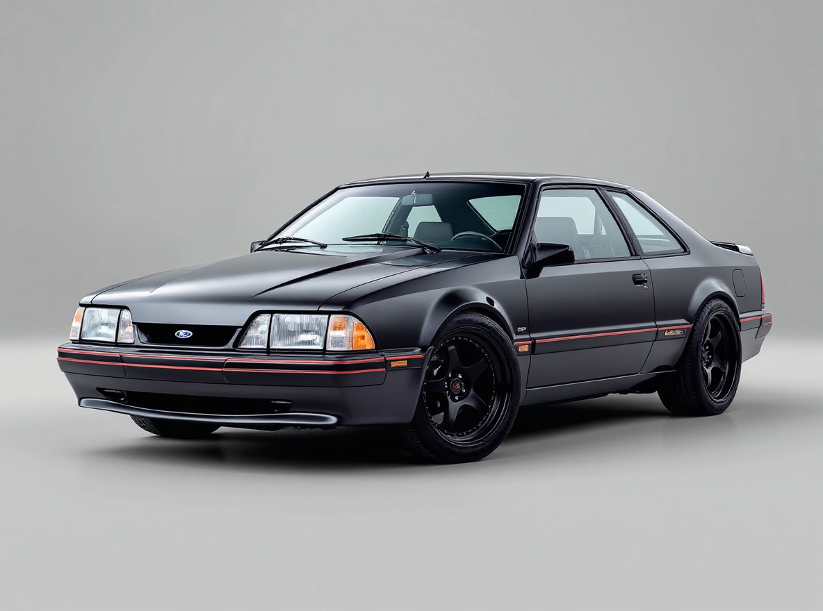 Matte Black Concave wheels rendered on a Ford Mustang Fox Body with the TunedRides AI wheel visualizer