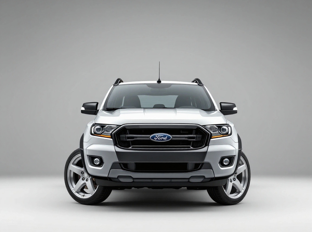 Silver 5-Spoke wheels rendered on a Ford Ranger with the TunedRides AI wheel visualizer