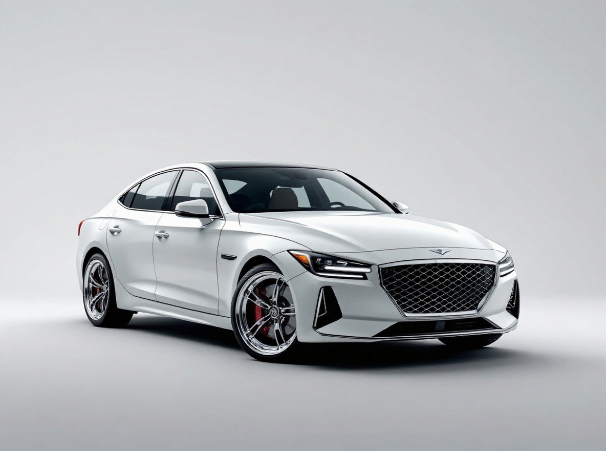 Polished Deep-Dish wheels rendered on a Genesis G70 with the TunedRides AI wheel visualizer
