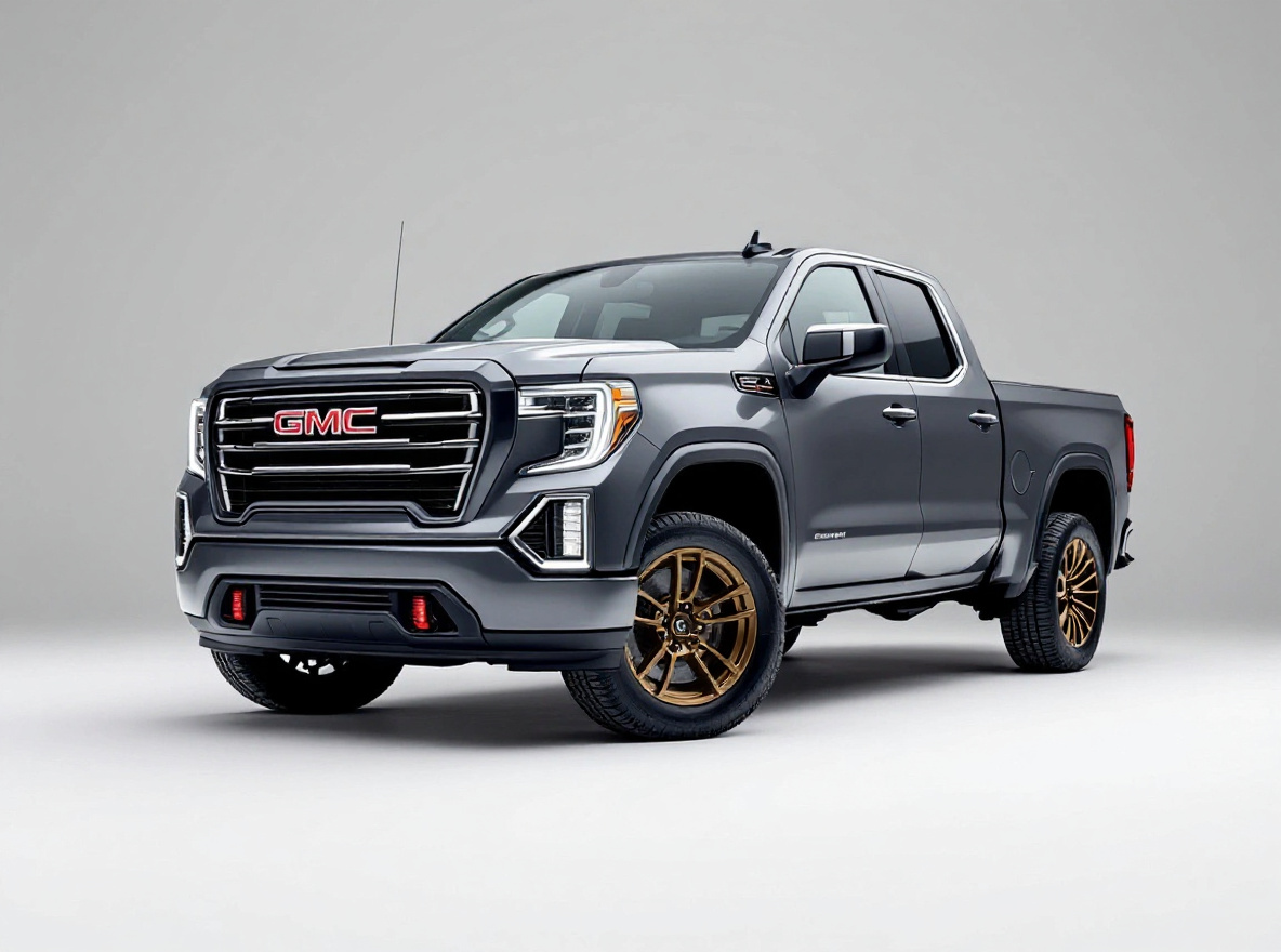 Bronze Split-Spoke wheels rendered on a GMC Sierra with the TunedRides AI wheel visualizer
