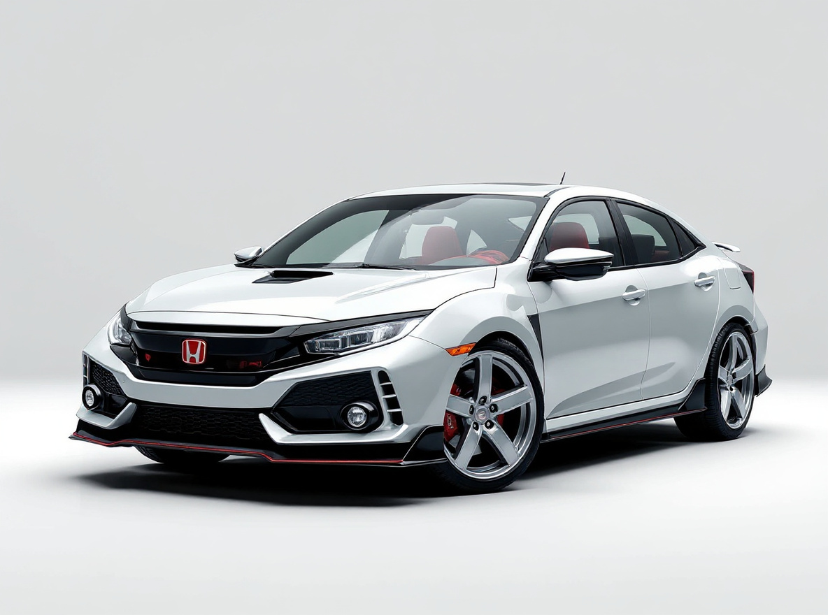 Silver 5-Spoke wheels rendered on a Honda Civic Type R with the TunedRides AI wheel visualizer