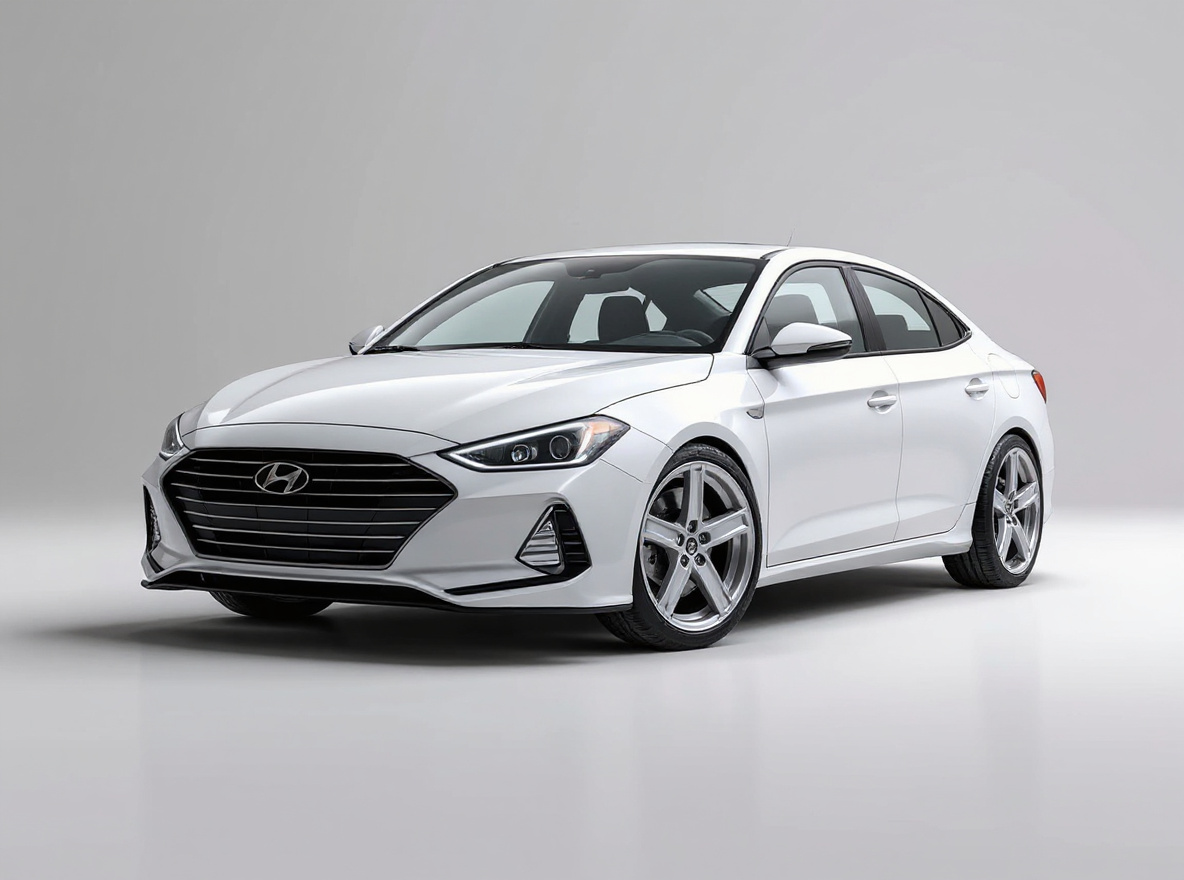 Silver 5-Spoke wheels rendered on a Hyundai Elantra N with the TunedRides AI wheel visualizer
