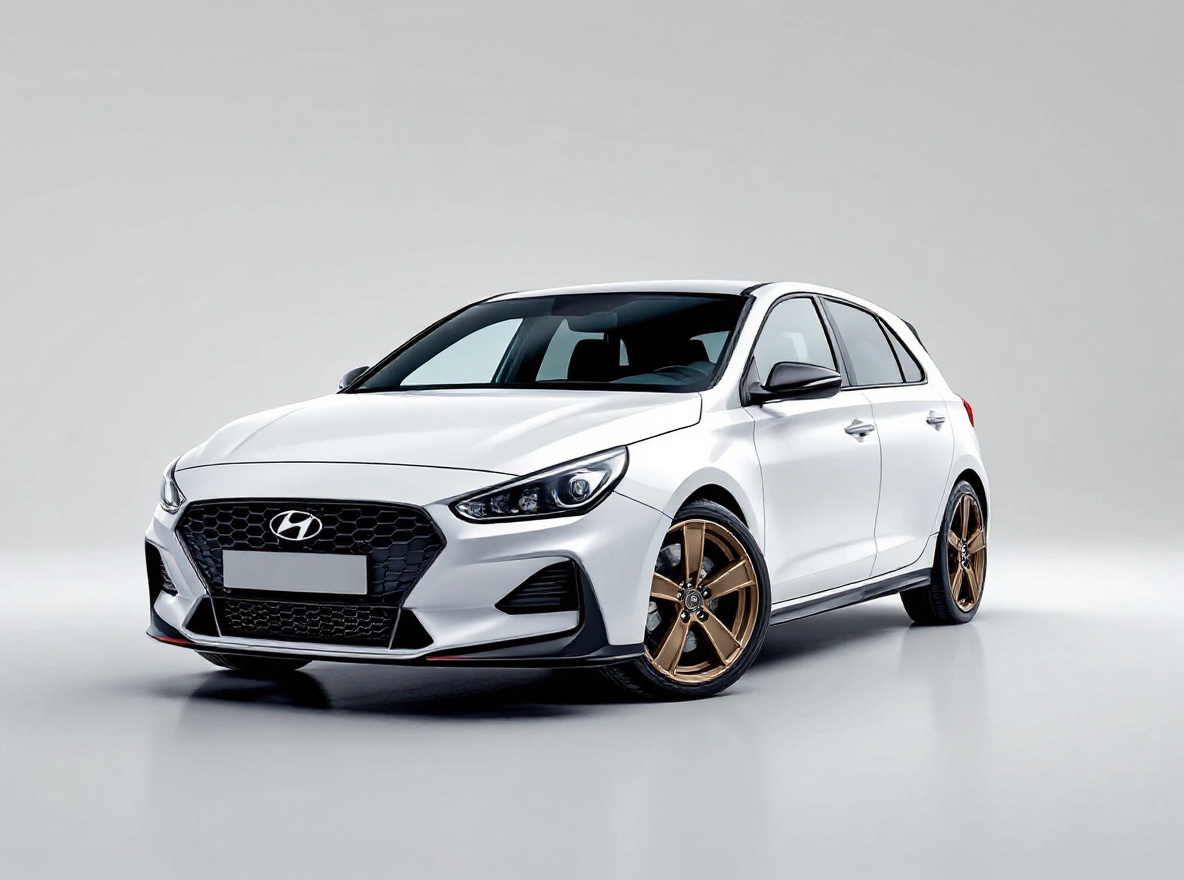 Bronze Split-Spoke wheels rendered on a Hyundai i30 N with the TunedRides AI wheel visualizer
