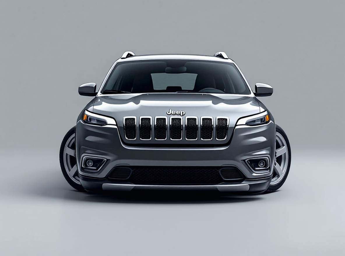 Silver 5-Spoke wheels rendered on a Jeep Cherokee with the TunedRides AI wheel visualizer