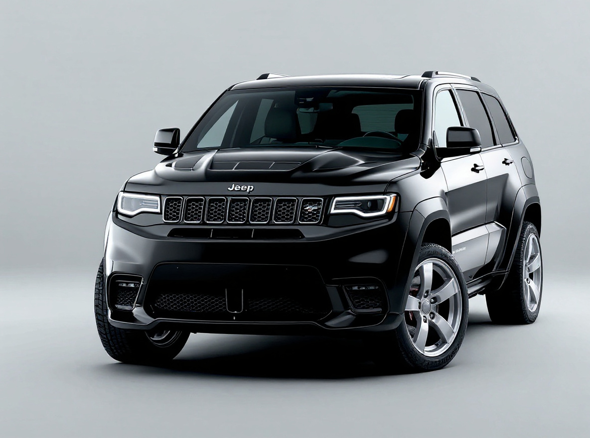 Silver 5-Spoke wheels rendered on a Jeep Grand Cherokee Trackhawk with the TunedRides AI wheel visualizer