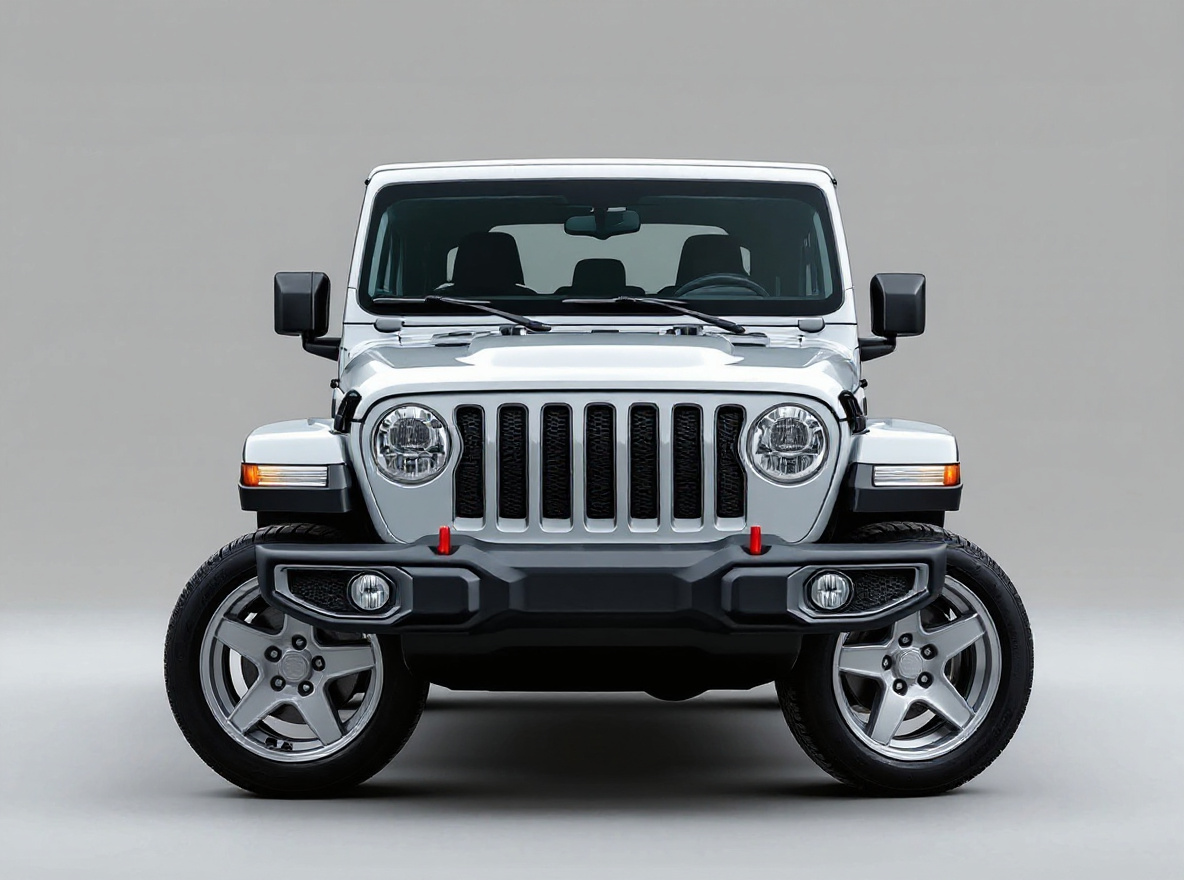 Silver 5-Spoke wheels rendered on a Jeep Wrangler with the TunedRides AI wheel visualizer
