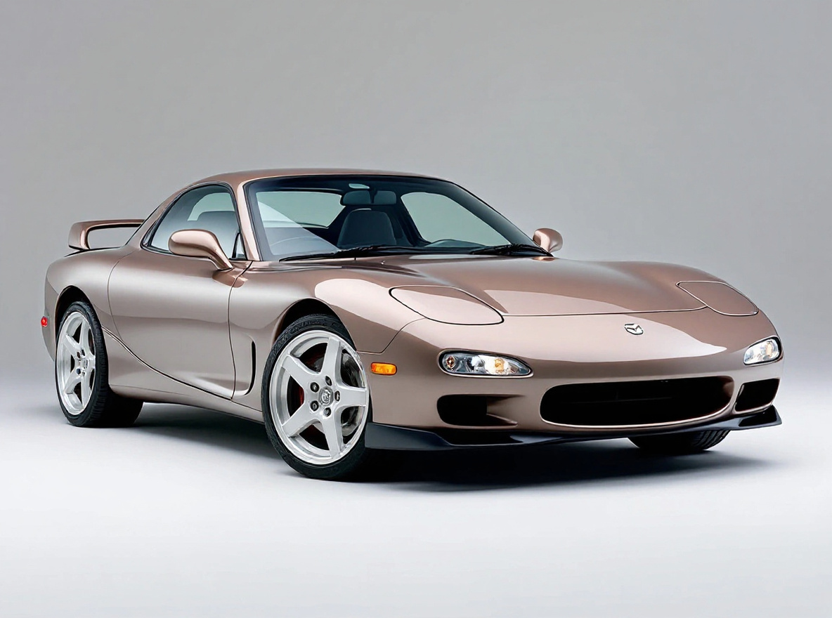 Silver 5-Spoke wheels rendered on a Mazda RX-7 FD with the TunedRides AI wheel visualizer