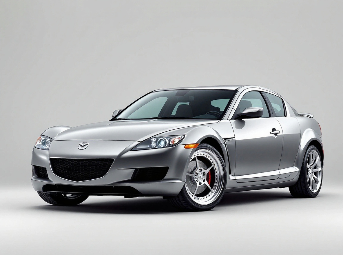 Polished Deep-Dish wheels rendered on a Mazda RX-8 with the TunedRides AI wheel visualizer
