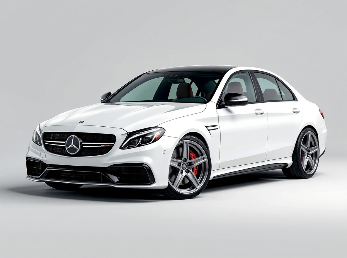 Silver 5-Spoke wheels rendered on a Mercedes-AMG C63 with the TunedRides AI wheel visualizer