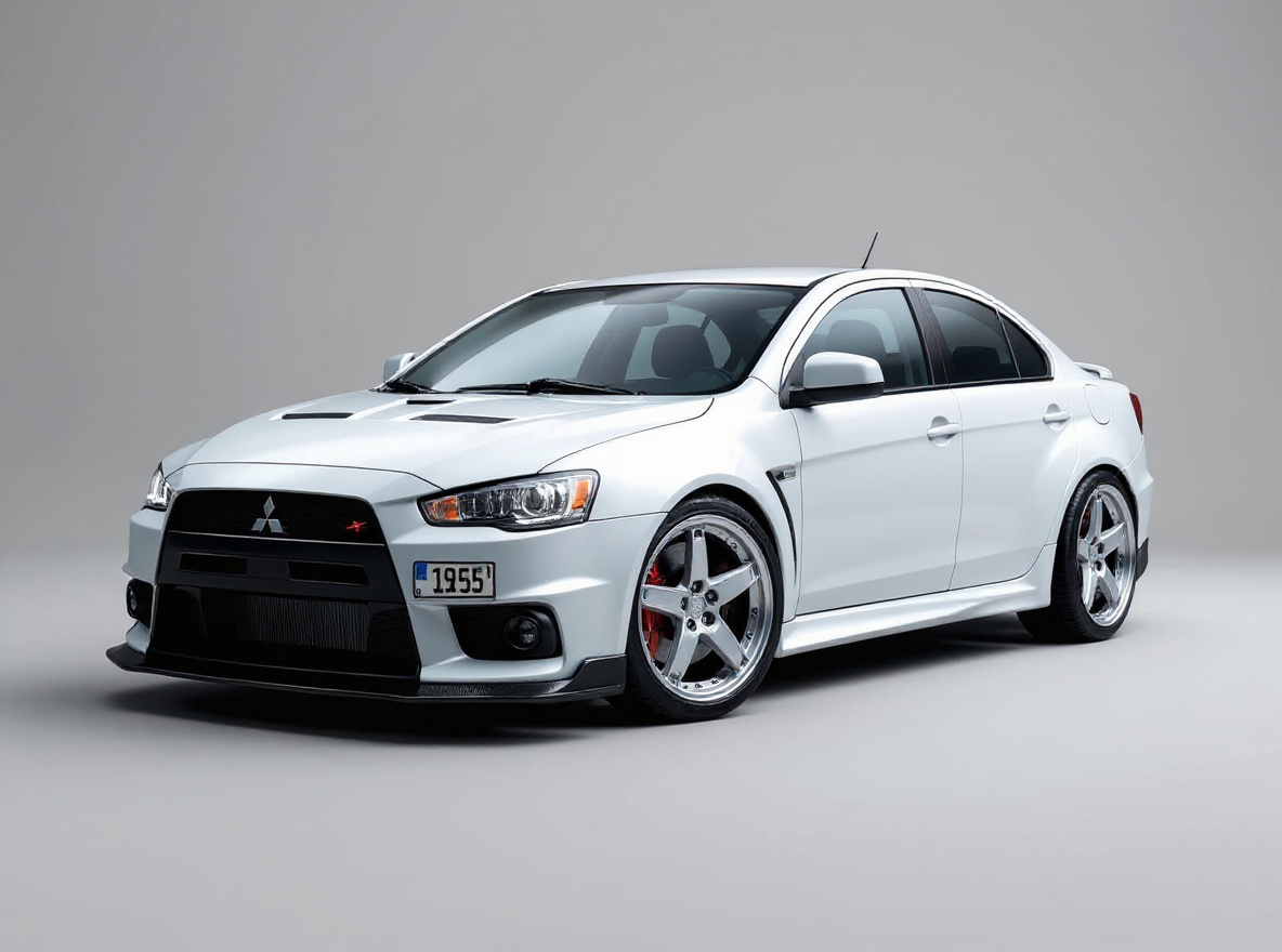 Silver 5-Spoke wheels rendered on a Mitsubishi Lancer Evo X with the TunedRides AI wheel visualizer
