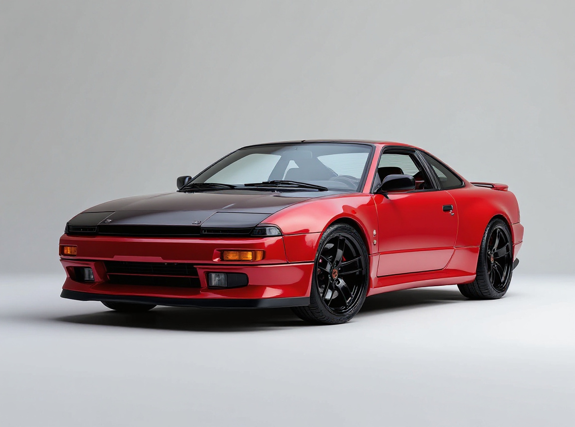 Gloss Black Multi-Spoke wheels rendered on a Nissan 240SX S13 with the TunedRides AI wheel visualizer