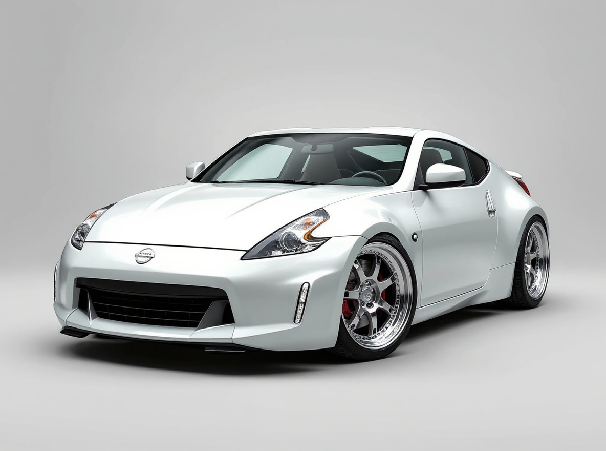 Polished Deep-Dish wheels rendered on a Nissan 370Z (Z34) with the TunedRides AI wheel visualizer