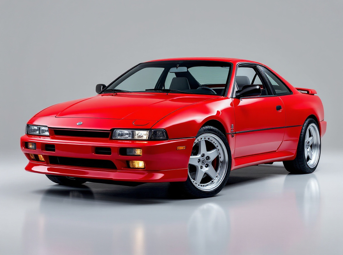 Silver 5-Spoke wheels rendered on a Nissan Silvia S13 with the TunedRides AI wheel visualizer