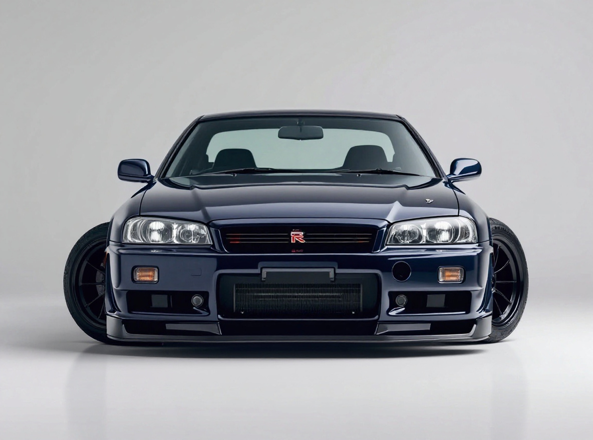 Matte Black Concave wheels rendered on a Nissan Skyline R34 GT-R with the TunedRides AI wheel visualizer