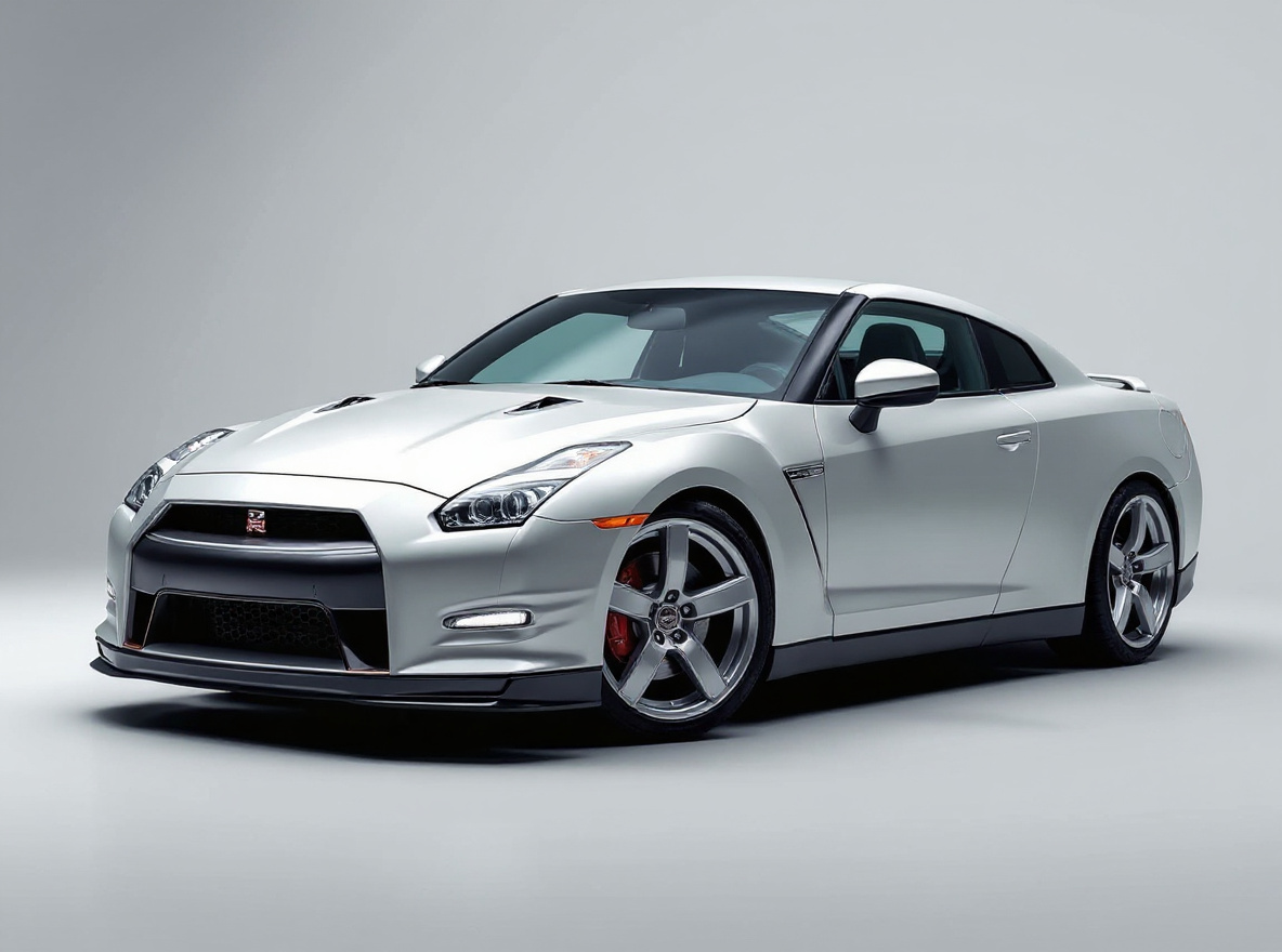Silver 5-Spoke wheels rendered on a Nissan GT-R R35 with the TunedRides AI wheel visualizer