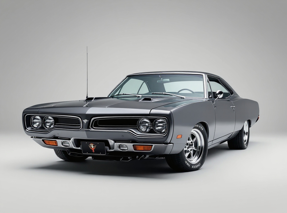 Silver 5-Spoke wheels rendered on a Plymouth Road Runner with the TunedRides AI wheel visualizer
