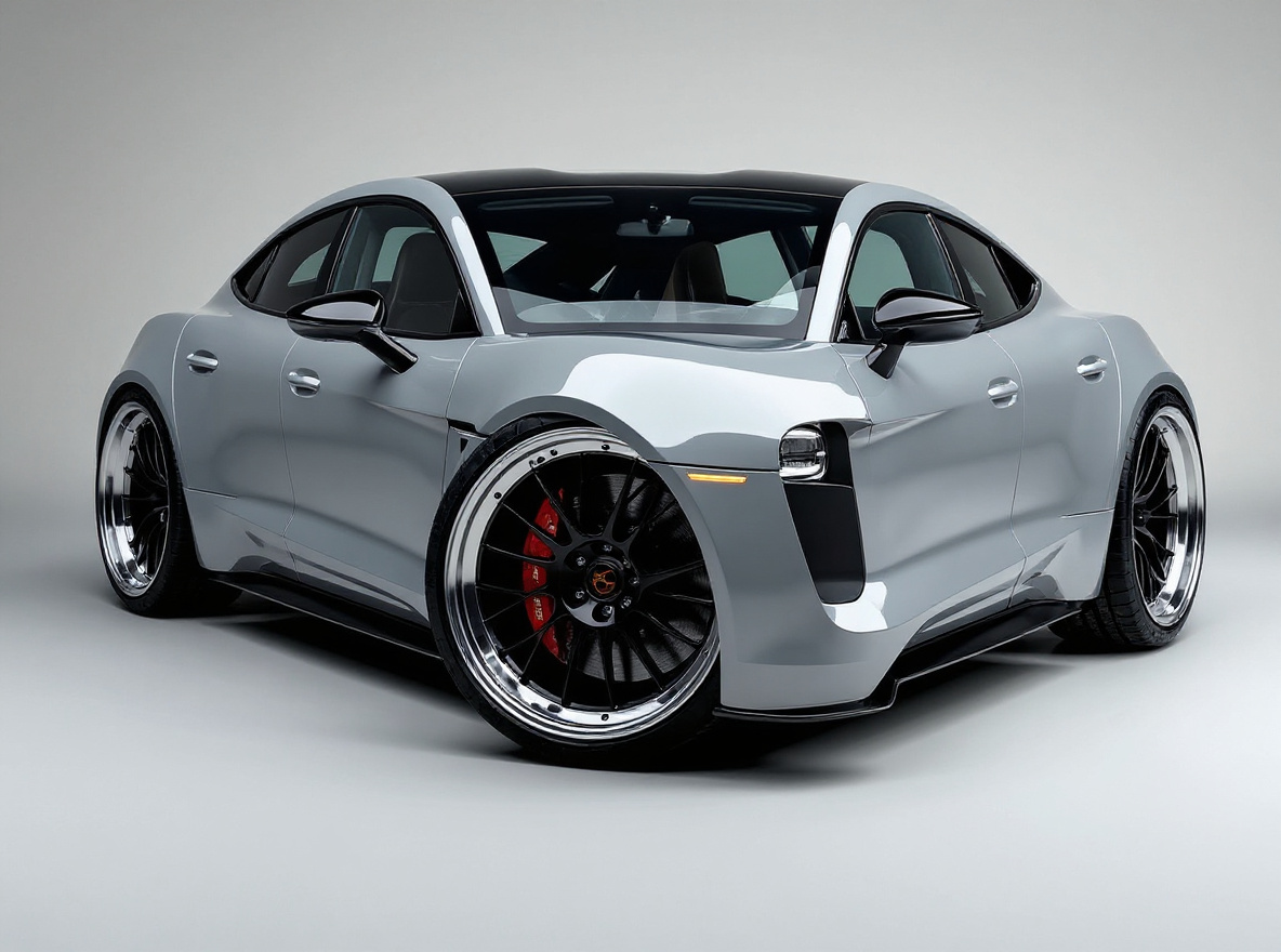 Polished Deep-Dish wheels rendered on a Porsche Taycan with the TunedRides AI wheel visualizer