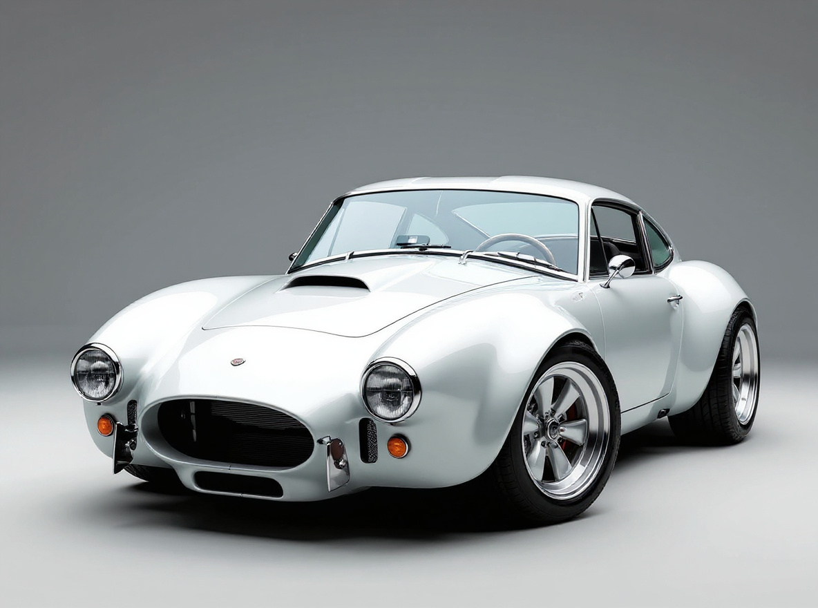 Silver 5-Spoke wheels rendered on a Shelby Cobra with the TunedRides AI wheel visualizer