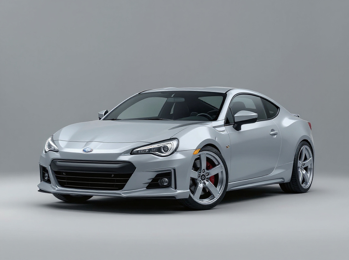 Silver 5-Spoke wheels rendered on a Subaru BRZ with the TunedRides AI wheel visualizer