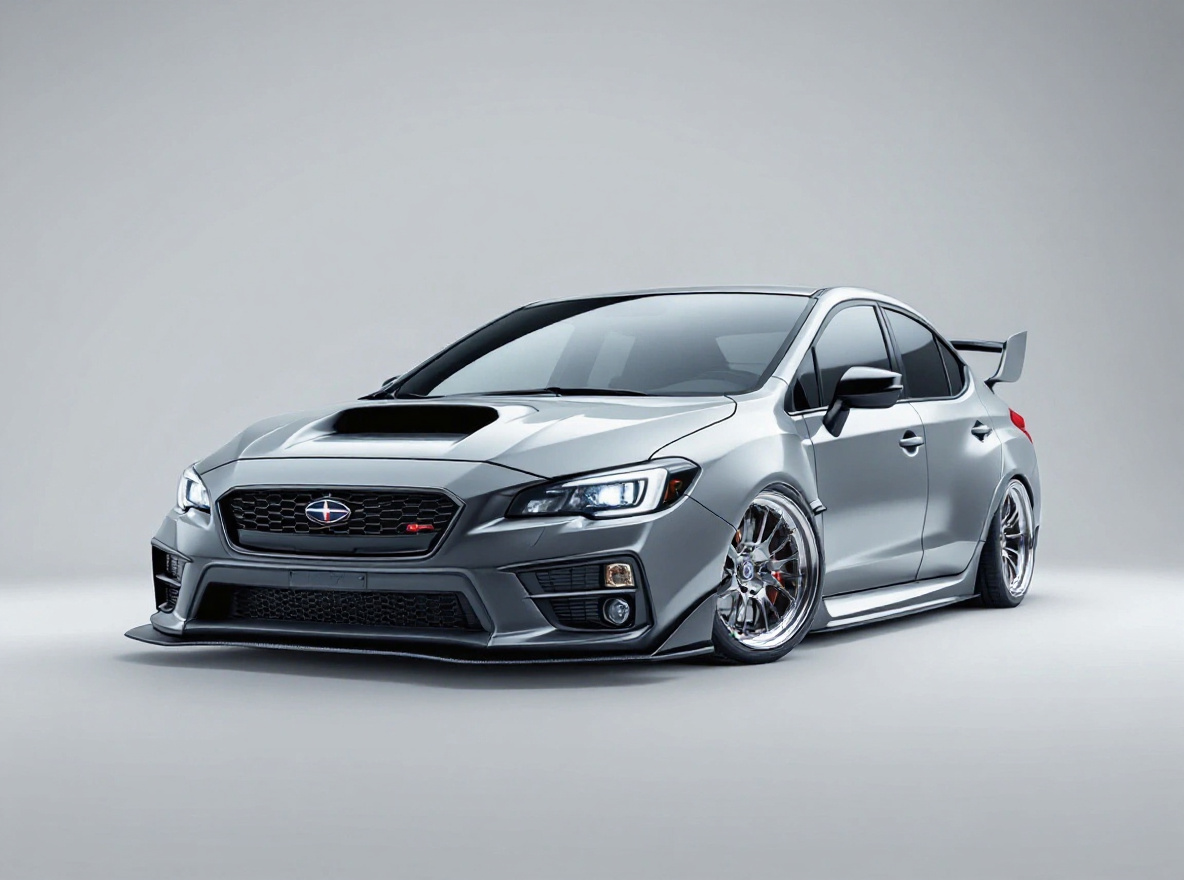 Polished Deep-Dish wheels rendered on a Subaru WRX STI with the TunedRides AI wheel visualizer