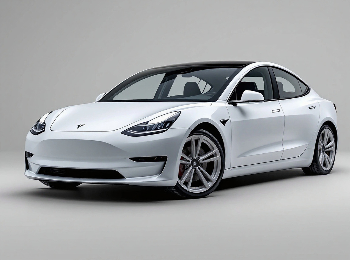 Silver 5-Spoke wheels rendered on a Tesla Model 3 with the TunedRides AI wheel visualizer