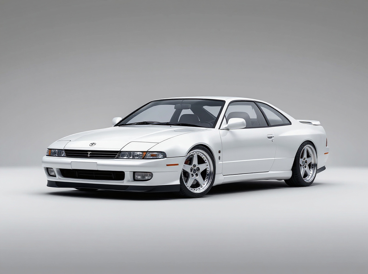 Silver 5-Spoke wheels rendered on a Toyota Soarer (JZZ30) with the TunedRides AI wheel visualizer
