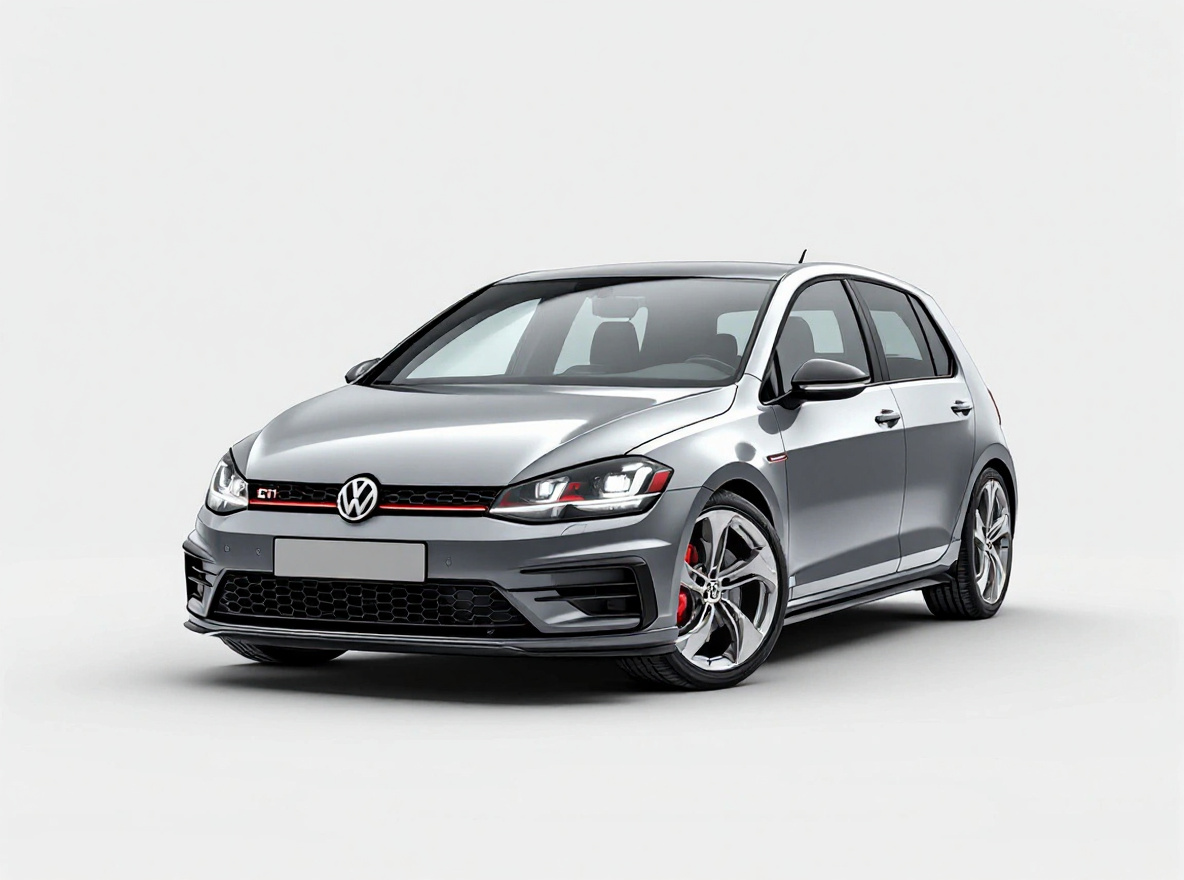 Silver 5-Spoke wheels rendered on a Volkswagen Golf GTI with the TunedRides AI wheel visualizer