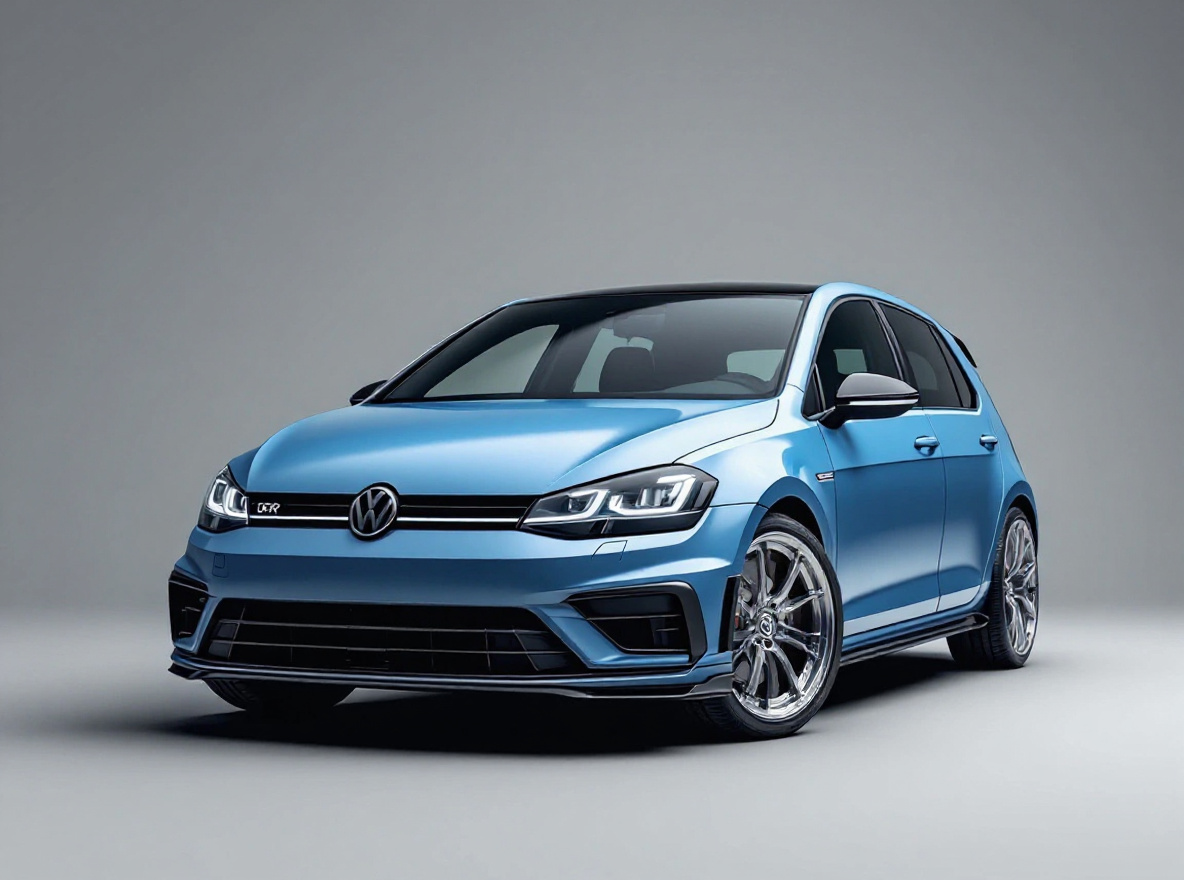 Polished Deep-Dish wheels rendered on a Volkswagen Golf R with the TunedRides AI wheel visualizer
