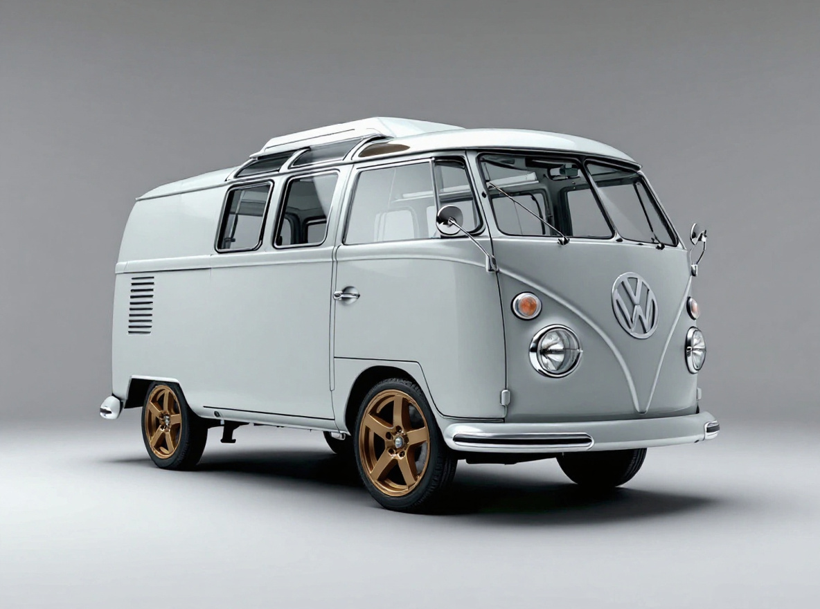 Bronze Split-Spoke wheels rendered on a Volkswagen T1 Bus with the TunedRides AI wheel visualizer