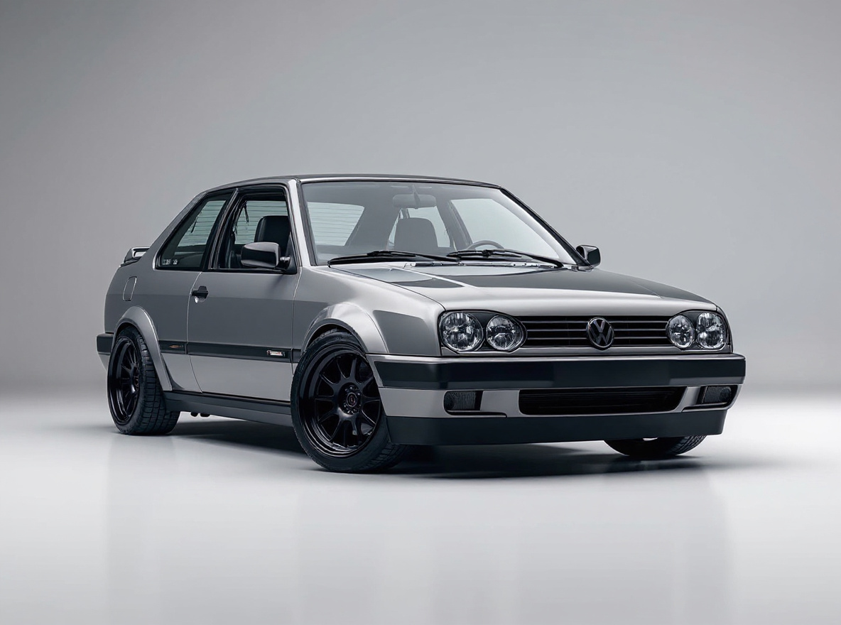 Matte Black Concave wheels rendered on a Volkswagen Golf R32 with the TunedRides AI wheel visualizer